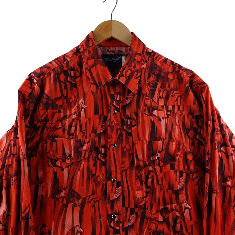 Vintage Wrangler Western Shirts Men XL Red Black Horse All Over Print Pearl Snap